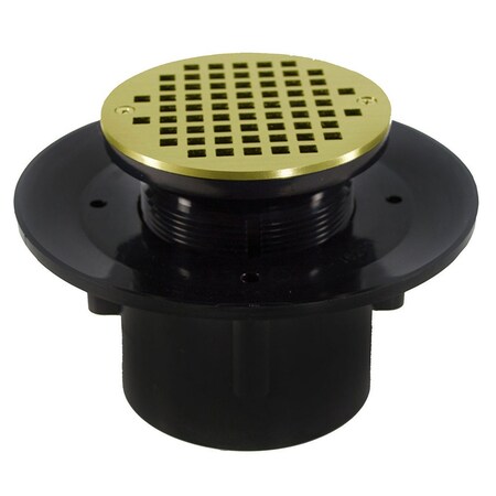 Jones Stephens 2in. x 3in. Heavy Duty ABS Slab Drain Base with 3in. Plastic Spud and 6in. Polished Brass Strainer D49304